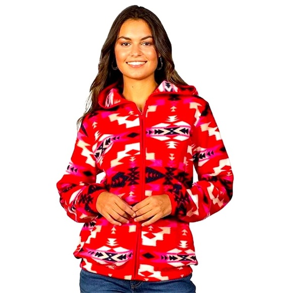 WRANGLER Retro Aztec Print Fleece Zip Up Hoodie Red - Picture 1 of 6